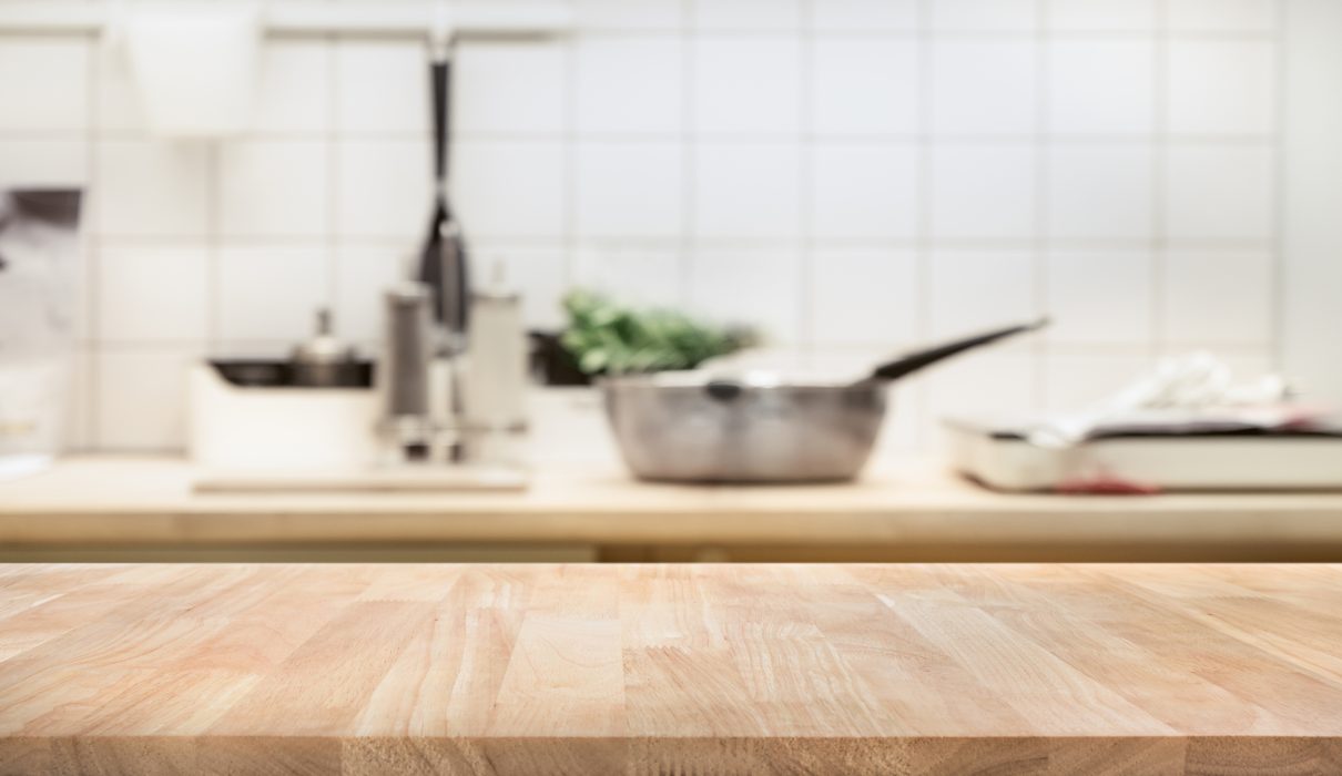 Wood,Table,Top,On,Blur,Kitchen,Room,Background,.for,Montage